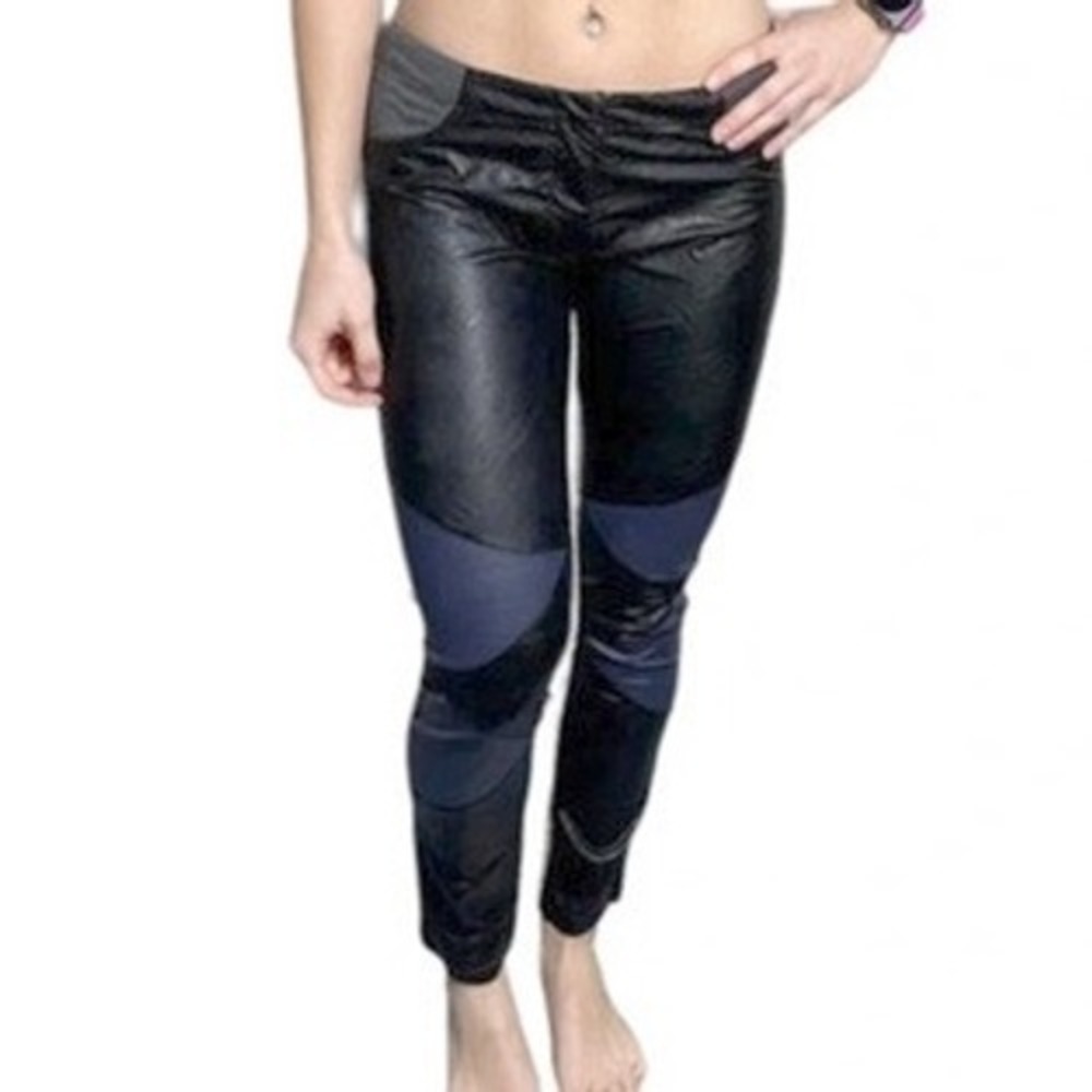Janet Paris Moto Leggings L Black Gray‎ Faux Leather Colorblock Skinny Pants